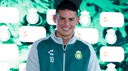 James Rodriguez poses during a press conference during a presentation as a new player of Club Leon at La Esmeralda clubhouse on January 14, 2025.
