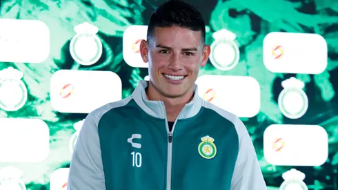 James Rodriguez poses during a press conference during a presentation as a new player of Club Leon at La Esmeralda clubhouse on January 14, 2025.