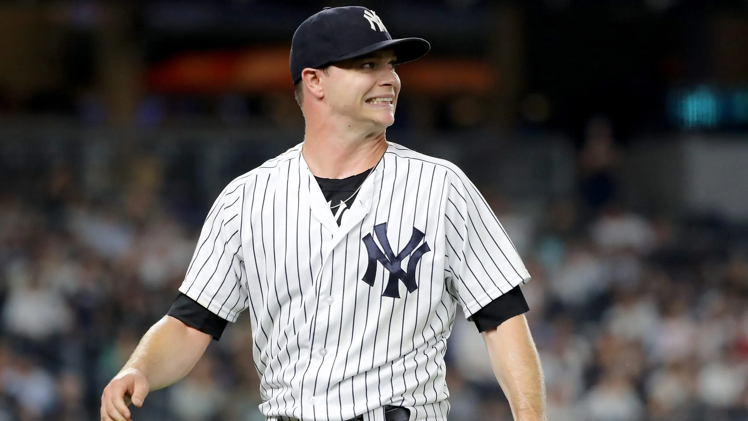 NEW YORK, NY – AUGUST 15:  Sonny Gray #55 of the New York Yankees walks back to the dugout after the fifth inning against the Tampa Bay Rays at Yankee Stadium on August 15, 2018 in the Bronx borough of New York City.  (Photo by Elsa/Getty Images)