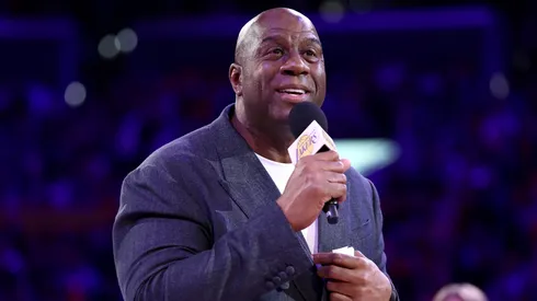 Magic Johnson speaks to the fans during the jersey retirement of Michael Cooper during halftime of the game between the Los Angeles Lakers and the San Antonio Spurs at Crypto.com Arena on January 13, 2025 in Los Angeles, California.