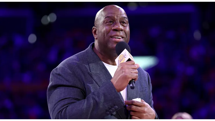 Magic Johnson speaks to the fans during the jersey retirement of Michael Cooper during halftime of the game between the Los Angeles Lakers and the San Antonio Spurs at Crypto.com Arena on January 13, 2025 in Los Angeles, California.