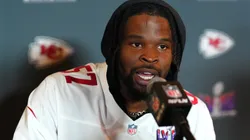 Dre Greenlaw #57 speaks to media during San Francisco 49ers media availability ahead of Super Bowl LVIII at Hilton Lake Las Vegas Resort and Spa on February 08, 2024 in Henderson, Nevada.