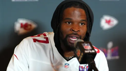 Dre Greenlaw #57 speaks to media during San Francisco 49ers media availability ahead of Super Bowl LVIII at Hilton Lake Las Vegas Resort and Spa on February 08, 2024 in Henderson, Nevada.