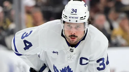 Auston Matthews #34 of the Toronto Maple Leafs waits for a faceoff in the first period of a game against the Vegas Golden Knights during their game at T-Mobile Arena on March 05, 2025 in Las Vegas, Nevada. The Golden Knights defeated the Maple Leafs 5-2.