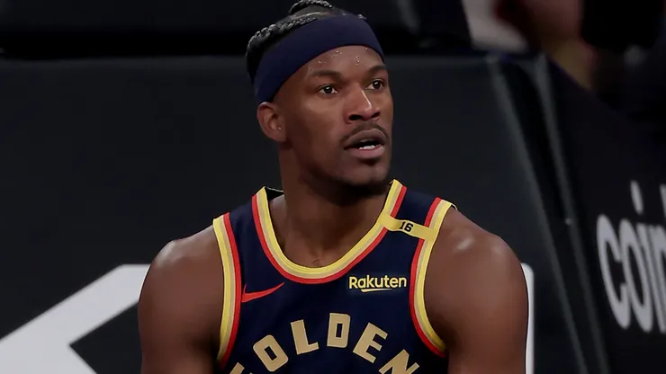 Jimmy Butler III #10 of the Golden State Warriors reacts after he is fouled in the fourth quarter against the New York Knicks at Madison Square Garden on March 04, 2025 in New York City. The Golden State Warriors defeated the New York Knicks 114-102.