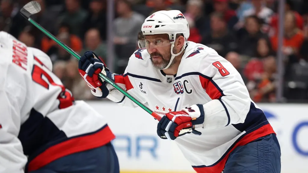 Alex Ovechkin #8 of the Washington Capitals skates to a puck during the third period of a game against the Anaheim Ducks at Honda Center on March 11, 2025 in Anaheim, California. (Photo by Sean M. Haffey/Getty Images)