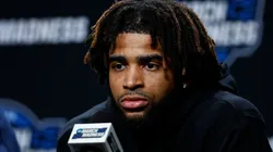 RJ Davis #4 of the North Carolina Tar Heels speaks with the media during practice day for the NCAA Men's Basketball Tournament West Regional at Crypto.com Arena on March 27, 2024 in Los Angeles, California.