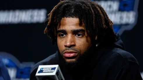 RJ Davis #4 of the North Carolina Tar Heels speaks with the media during practice day for the NCAA Men's Basketball Tournament West Regional at Crypto.com Arena on March 27, 2024 in Los Angeles, California.