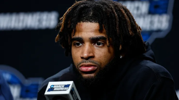 RJ Davis #4 of the North Carolina Tar Heels speaks with the media during practice day for the NCAA Men's Basketball Tournament West Regional at Crypto.com Arena on March 27, 2024 in Los Angeles, California.