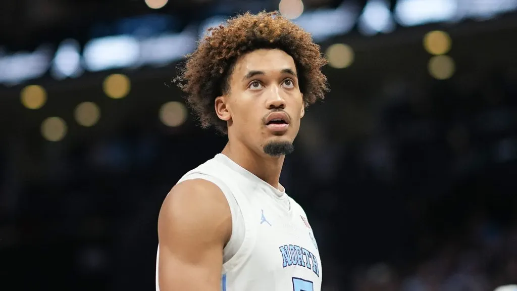Seth Trimble #7 of the North Carolina Tar Heels looks on in the second half of his game against the Florida Gators during the Jumpman Invitational at Spectrum Center on December 17, 2024 in Charlotte, North Carolina.
