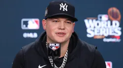 Alex Verdugo #24 of the New York Yankees speaks to the media during a press conference prior to playing the Los Angeles Dodgers during Game Five of the 2024 World Series at Yankee Stadium on October 30, 2024 in New York City.