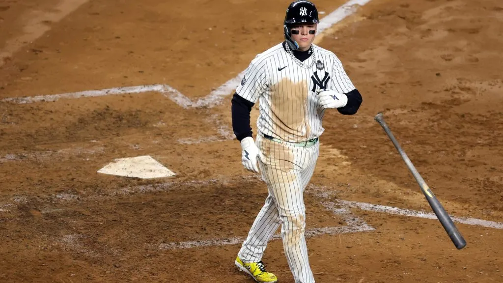 Alex Verdugo #24 of the New York Yankees walks during the fifth inning of Game Five of the 2024 World Series against the Los Angeles Dodgers at Yankee Stadium on October 30, 2024 in the Bronx borough of New York City. (Photo by Al Bello/Getty Images)
