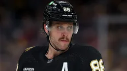 David Pastrnak #88 of the Boston Bruins looks on during the third period against the New York Islanders at TD Garden on November 09, 2023 in Boston, Massachusetts. The Bruins defeat the Islanders 5-2.