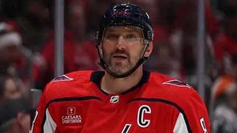 Alex Ovechkin #8 of the Washington Capitals looks on against the Philadelphia Flyers during the second period at Capital One Arena on March 1, 2024 in Washington, DC.