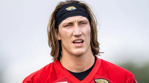 Trevor Lawrence #16 of the Jacksonville Jaguars looks on during Training Camp at TIAA Bank Field on July 30, 2021 in Jacksonville, Florida.
