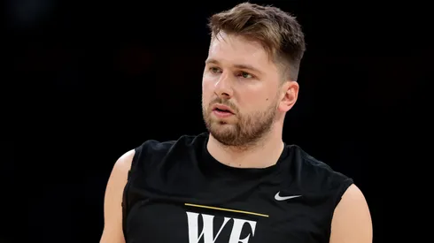 Luka Doncic #77 of the Los Angeles Lakers looks on during warmups before playing the New Orleans Pelicans at Crypto.com Arena.