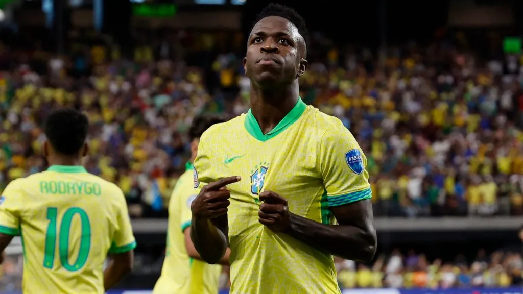 Vinicius Junior of Brazil celebrates after scoring the team’s first goal during the CONMEBOL Copa America 2024 Group D match between Paraguay and Brazil. (Source: Kevork Djansezian/Getty Images)