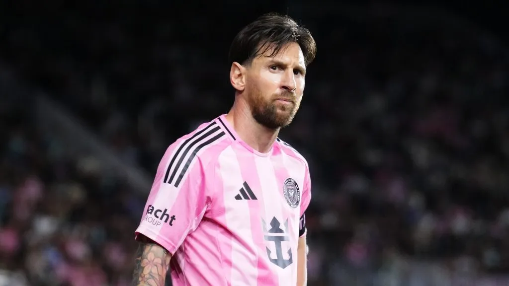 Lionel Messi #10 of Inter Miami CF reacts during the MLS match between Inter Miami CF and New York City FC at Chase Stadium on February 22, 2025. (Source: Rich Storry/Getty Images)