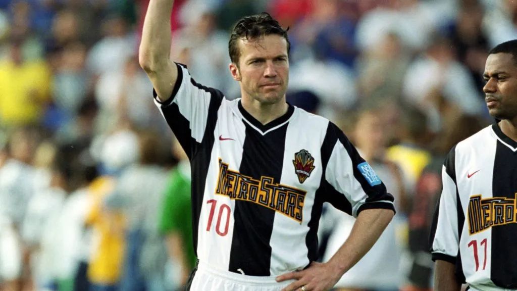 Lothar Matthaus #10 of the NY/NJ MetroStars waves during the lineup before a game against the Miami Fusion in 2000. (Source: Eliot J. Schechter /Allsport)