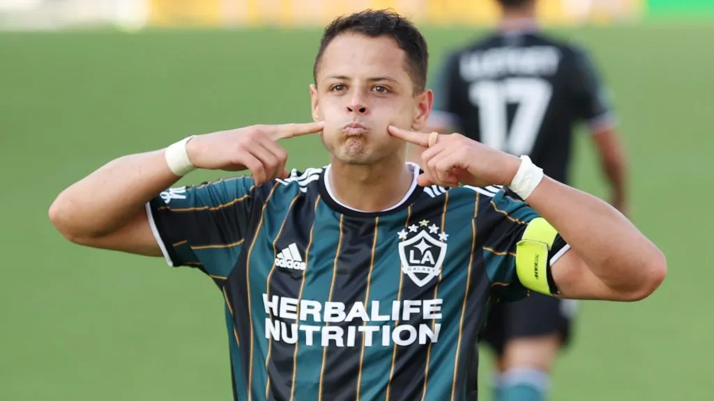 Javier “Chicharito” Hernandez #14 of Los Angeles Galaxy celebrates after scoring a goal in the second half against the Inter Miami FC at DRV PNK Stadium on April 18, 2021. (Source: Cliff Hawkins/Getty Images)
