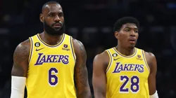 LeBron James #6 and Rui Hachimura #28 of the Los Angeles Lakers react during a 125-118 loss to the LA Clippers at Crypto.com Arena.