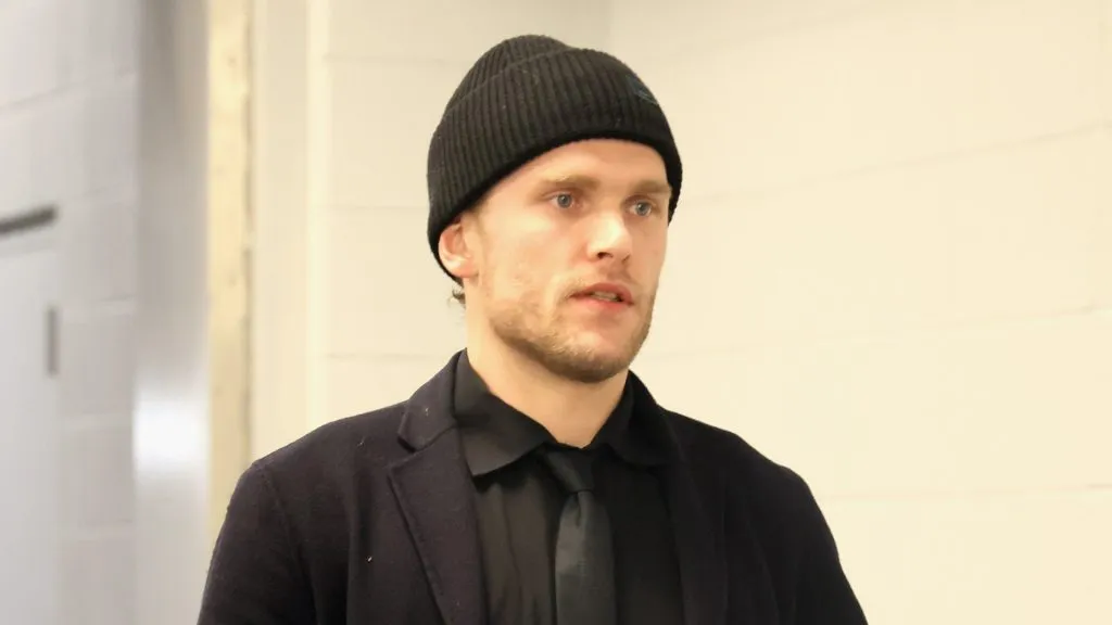 Mikko Rantanen #96 of the Carolina Hurricanes arrives for his first game with the team against the New York Islanders at UBS Arena on January 25, 2025 in Elmont, New York.