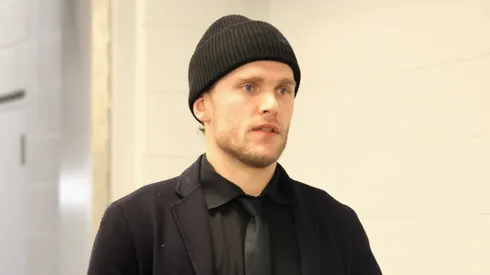 Mikko Rantanen #96 of the Carolina Hurricanes arrives for his first game with the team against the New York Islanders at UBS Arena on January 25, 2025 in Elmont, New York.
