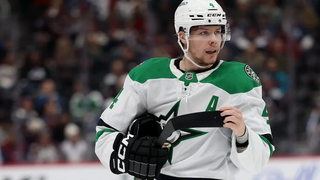 Miro Heiskanen #4 of the Dallas Stars plays the Colorado Avalanche in the first period at Ball Arena on January 18, 2025 in Denver, Colorado.