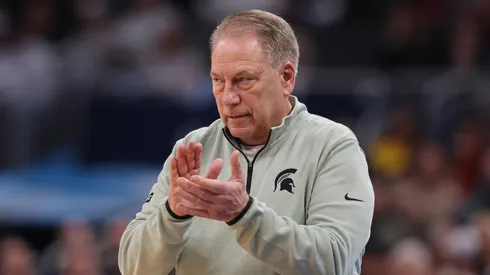 Head coach Tom Izzo of the Michigan State Spartans reacts against the Wisconsin Badgers during the second half in the Big Ten men's basketball tournament semifinals at Gainbridge Fieldhouse on March 15, 2025 in Indianapolis, Indiana.