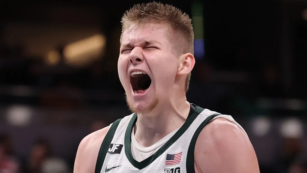 Jaxon Kohler #0 of the Michigan State Spartans celebrates against the Wisconsin Badgers during the second half in the Big Ten men’s basketball tournament semifinals at Gainbridge Fieldhouse on March 15, 2025 in Indianapolis, Indiana.