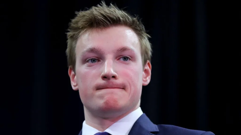 Cale Makar of the University of Massachusetts and winner of the 2019 Hobey Baker Memorial Award looks on during the award ceremony at the Harbor Center on April 12, 2019 in Buffalo, New York.