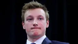 Cale Makar of the University of Massachusetts and winner of the 2019 Hobey Baker Memorial Award looks on during the award ceremony at the Harbor Center on April 12, 2019 in Buffalo, New York.