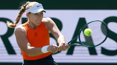 Mirra Andreeva of Russia returns a shot against Aryna Sabalenka of Belarus during the Women's Singles Final of the BNP Paribas Open at Indian Wells.