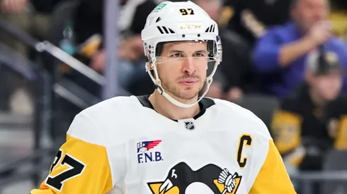 Sidney Crosby #87 of the Pittsburgh Penguins waits for a faceoff in the second period of a game against the Vegas Golden Knights at T-Mobile Arena on March 07, 2025 in Las Vegas, Nevada.