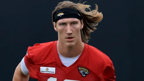 Trevor Lawrence #16 of the Jacksonville Jaguars participates in drills during Jacksonville Jaguars Mandatory Minicamp at TIAA Bank Field on June 14, 2021 in Jacksonville, Florida.