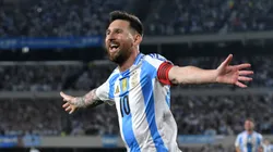 Lionel Messi of Argentina celebrates after scoring the team's first goal during the FIFA World Cup 2026 South American Qualifier match between Argentina and Bolivia.