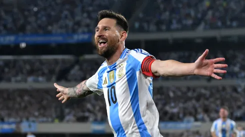 Lionel Messi of Argentina celebrates after scoring the team's first goal during the FIFA World Cup 2026 South American Qualifier match between Argentina and Bolivia.