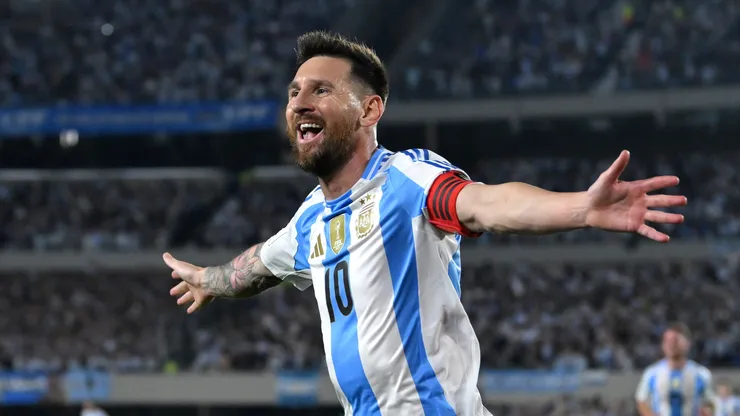 Lionel Messi of Argentina celebrates after scoring the team's first goal during the FIFA World Cup 2026 South American Qualifier match between Argentina and Bolivia.