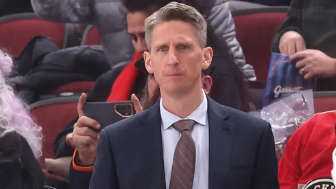 Head coach Kris Knoblauch of the Edmonton Oilers looks on against the Chicago Blackhawks during the second period at the United Center on January 11, 2025 in Chicago, Illinois.
