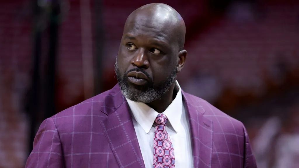 Shaquille O’Neal looks on prior to a game between the Boston Celtics and Miami Heat at Kaseya Center on May 21, 2023. (Source: Megan Briggs/Getty Images)