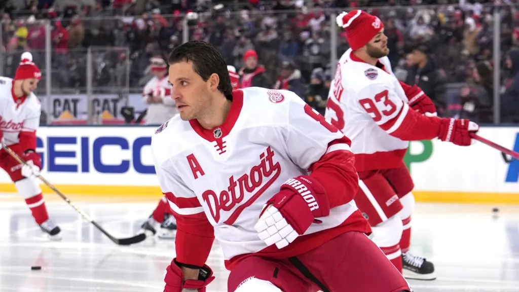 Ben Chiarot #8 of the Detroit Red Wings warms up prior to 2025 NHL Stadium Series against the Columbus Blue Jackets at Ohio Stadium on March 01, 2025 in Columbus, Ohio.