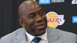 Magic Johnson, president of basketball operations of the Los Angeles Lakers talks to the media during a press conference on June 23, 2017.