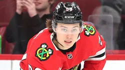 Connor Bedard #98 of the Chicago Blackhawks skates with the puck against the Seattle Kraken during the second period at the United Center on March 18, 2025 in Chicago, Illinois.