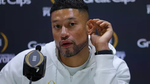 Head coach Marcus Freeman of the Notre Dame Fighting Irish speaks to the media during the Notre Dame Fighting Irish media day at the Georgia World Congress Center prior to the 2025 CFP National Championship between the Ohio State Buckeyes and Notre Dame Fighting Irish on January 18, 2025 in Atlanta, Georgia.