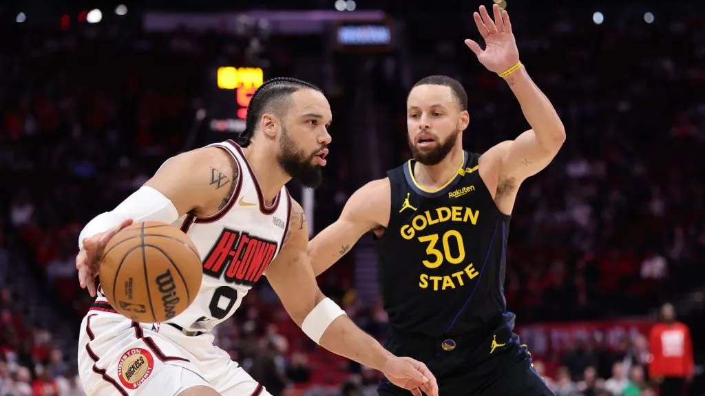 Dillon Brooks #9 of the Houston Rockets works against Stephen Curry #30 of the Golden State Warriors during the first half at Toyota Center. (Alex Slitz/Getty Images)