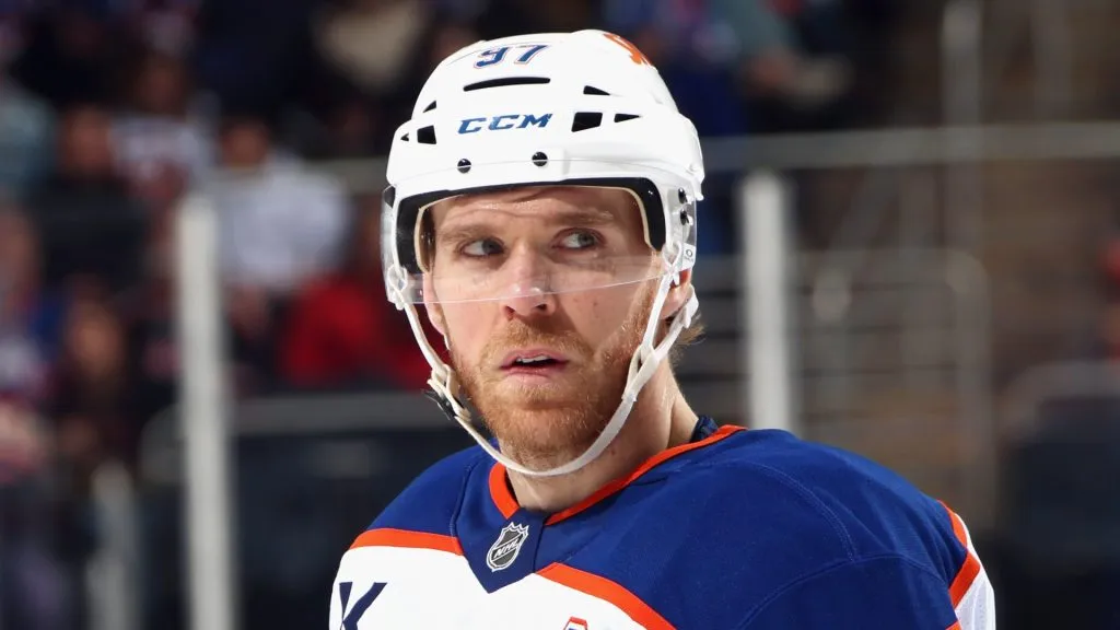 Connor McDavid, 97 of the Edmonton Oilers, skatesagainst the New York Islanders at UBS Arena on March 14, 2025 in Elmont, New York.