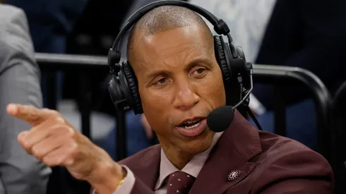 Former NBA player and current analyst Reggie Miller speaks prior to a game between the Dallas Mavericks and Minnesota Timberwolves in Game One of the Western Conference Finals at Target Center on May 22, 2024 in Minneapolis, Minnesota.