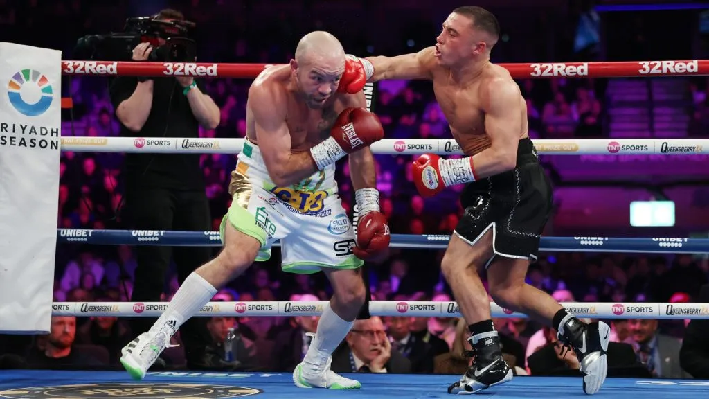 Nick Ball punches TJ Doheny during the WBA World Featherweight title fight between Nick Ball and TJ Doheny as part of the Hard Days Night card by Queensberry Promotions at M&amp;S Bank Arena on March 15, 2025 in Liverpool, England. (Photo by Jan Kruger/Getty Images)