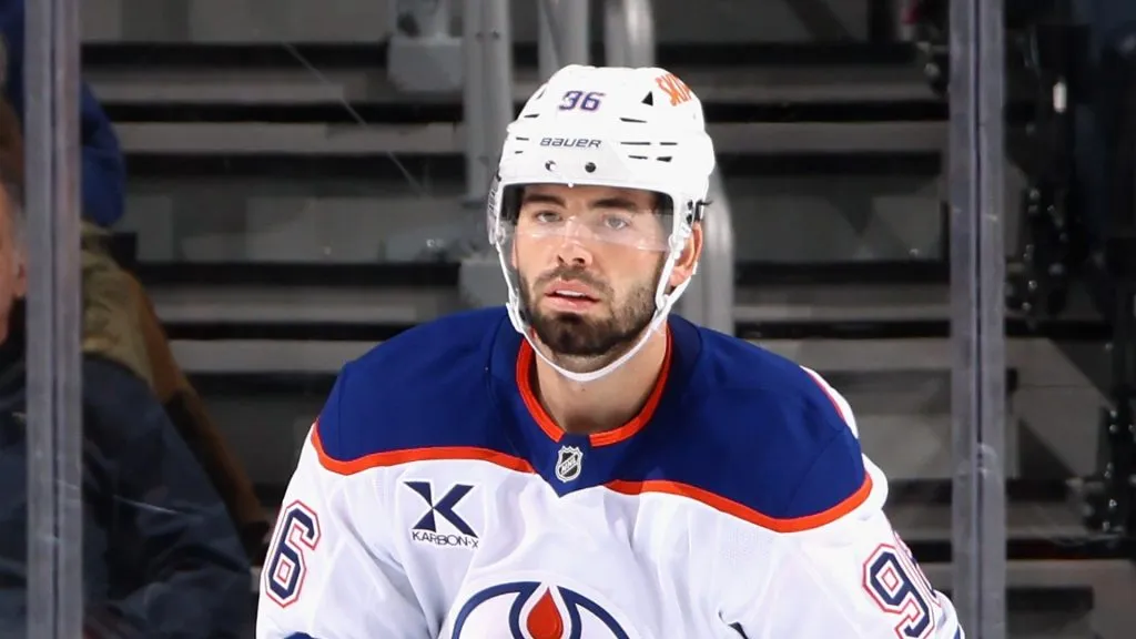 Jake Walman #96 of the Edmonton Oilers skates against the New York Islanders at UBS Arena on March 14, 2025 in Elmont, New York.