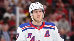 Adam Fox #23 of the New York Rangers looks on against the Chicago Blackhawks during the second period at the United Center on January 05, 2025 in Chicago, Illinois.